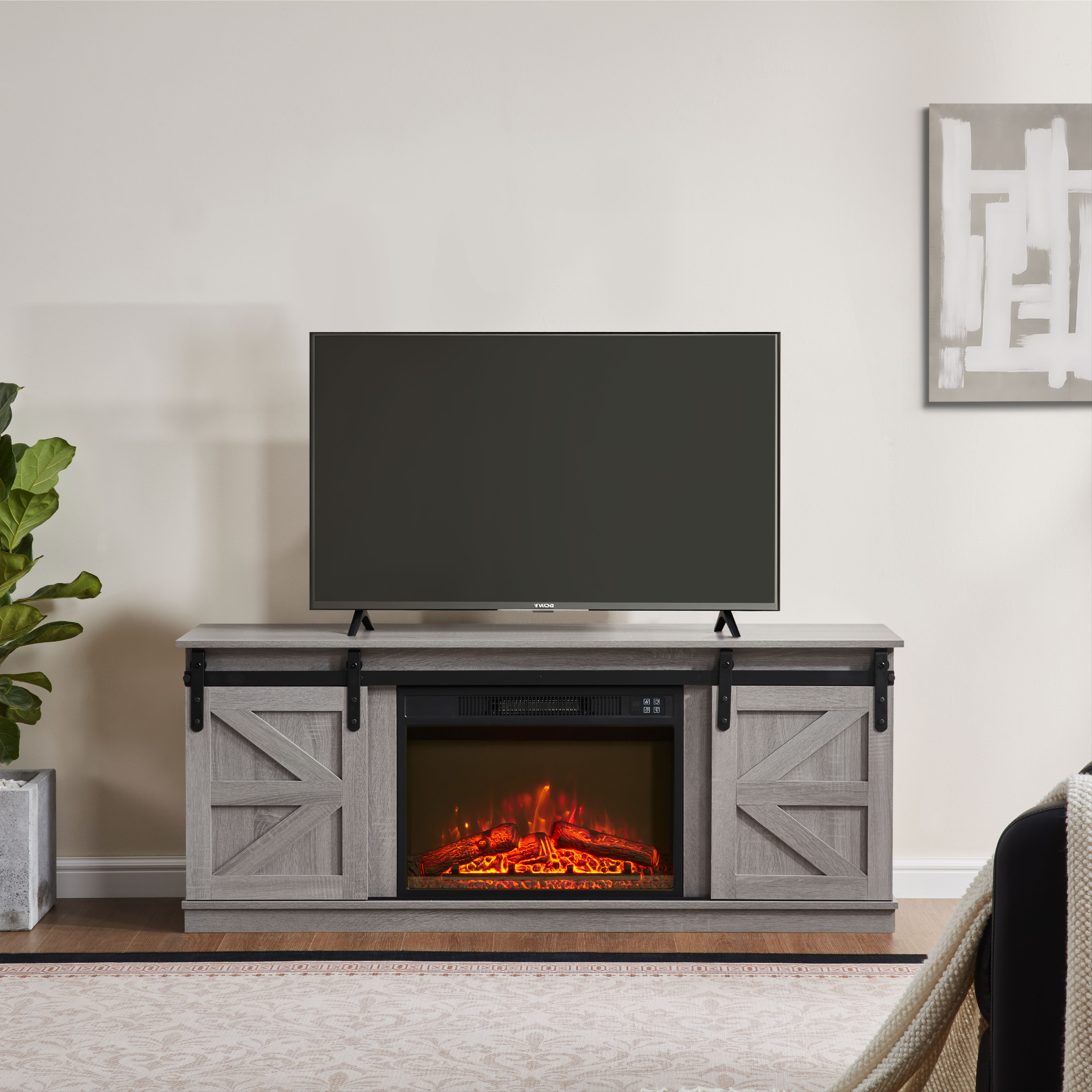 Fireplace TV Stand For Television Up To 65 Inch With Storage And Farmhouse Sliding Barn Doors, Entertainment Center With Cabinet And Shelves,Grey_voghion.com